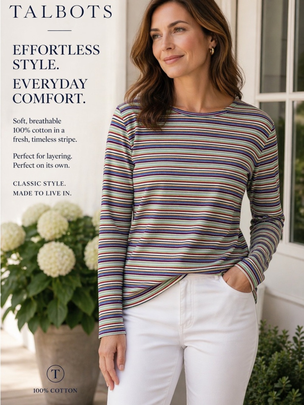 Talbots vintage Multicolored Striped 100% Cotton Crewneck Top large